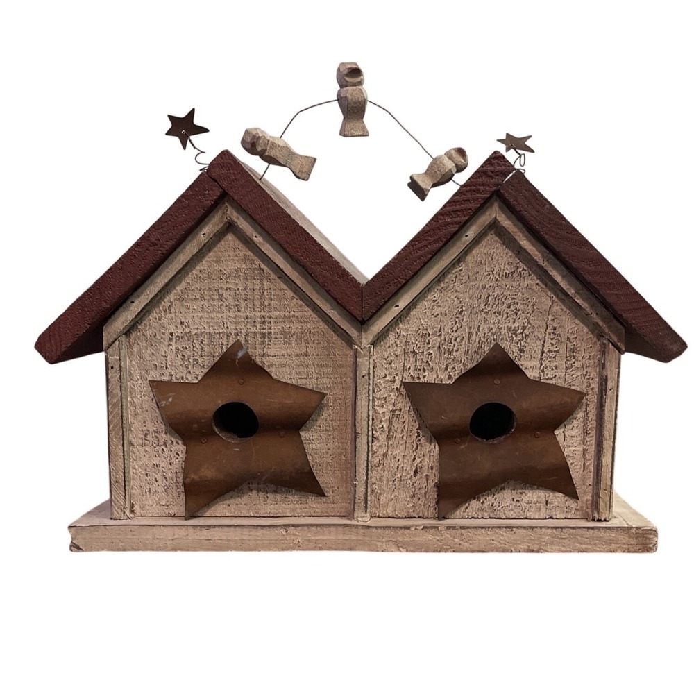 Vtg FOLK ART Red Star WOOD BIRD HOUSE RUSTIC PRIMITIVE Sparrow Finch Warbler